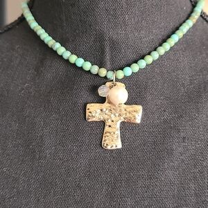 Cookie Lee Turquoise Bead Necklace with Gold Cross and Pearl Accent